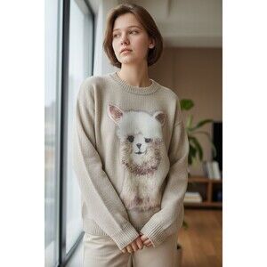 Women's XL Oversized Alpaca Print Long Sleeve Sweater. Light Green Tint To It.